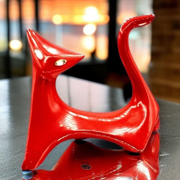 Mid Century Modern Cubist Cat Figurine Red w/ Jewel Eyes Japan 1950s Modernist - Picture 1 of 10